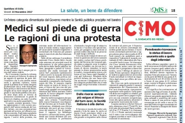 CIMO & QUOTIDIANO DI SICILIA DEL 24 NOVEMBRE 2017 - www.cimosicilia.org