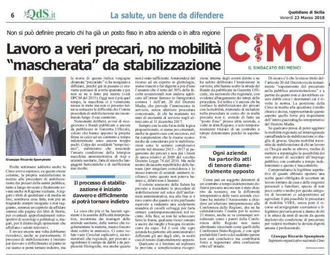 CIMO & QUOTIDIANO DI SICILIA DEL 23 MARZO 2018 - www.cimosicilia.org