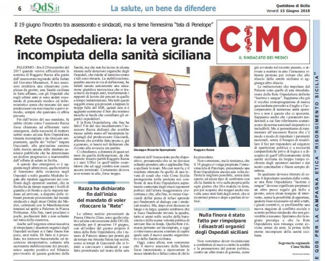 CIMO & QUOTIDIANO DI SICILIA DEL 15 GIUGNO 2018 - www.cimosicilia.org