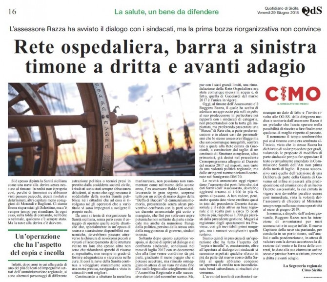 CIMO E QUOTIDIANO DI SICILIA DEL 29 GIUGNO 2018 - www.cimosicilia.org