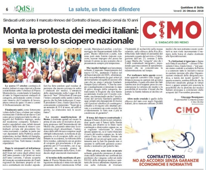 CIMO & QUOTIDIANO DI SICILIA DEL 26 OTTOBRE 2018 - www.cimosicilia.org