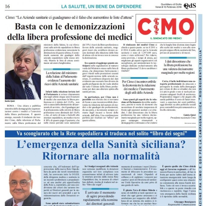 CIMO & QUOTIDIANO DI SICILIA DEL 15 FEBBRAIO 2019 - www.cimosicilia.org